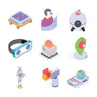 A collection of futuristic technology icons, rendered in a vibrant isometric style on a clean white background. vector