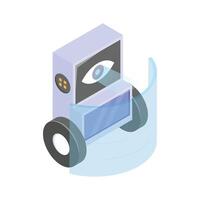 Isometric icon of a futuristic, autonomous security robot equipped with a visual recognition system. vector
