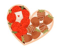 Romantic illustration of a flower bouquet in a heart shaped box with chocolates. Gift chocolate covered strawberries. vector