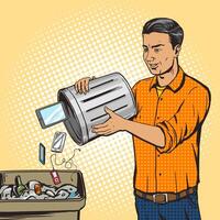 Man throws gadget devices into trash pop art style . Comic book style imitation. Vintage retro style. Conceptual illustration vector
