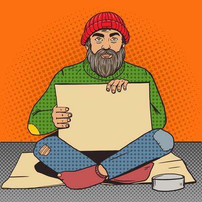 Homeless man with paper sign pop art style illustration. Comic book style imitation. Vintage retro style. Conceptual illustration
