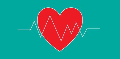 Red heart with electrocardiogram line on teal background. Minimalistic medical concept illustration vector