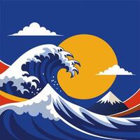 Huge Wave Rolling Towards Shore at Sunset with Mountain View vector