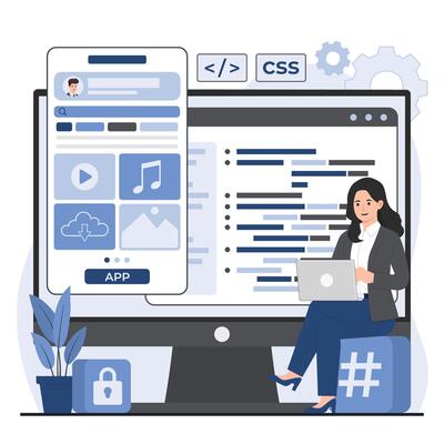 illustration of a woman sitting on a laptop mobile app development concept