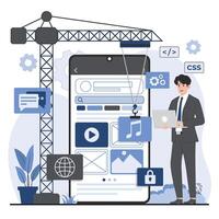Mobile application development concept. illustration in flat style with icons. vector