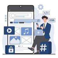 mobile app development concept services, offering innovative Man with laptop and mobile phone. illustration in flat style. vector