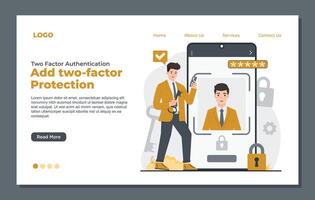 illustration of a flat landing page template with a man in a business suit standing next to a smartphone and holding a key. vector