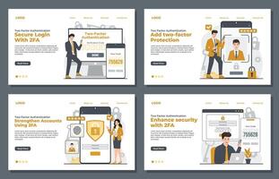 Landing page template highlighting two-factor authentication with OTP, Face ID, PIN, fingerprint, and biometric security for enhanced data protection vector