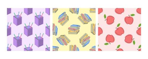 Seamless pattern with pencil holders, books and apples on pastel background vector