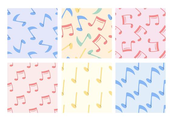 Seamless pattern collection with colorful musical notes on pastel background