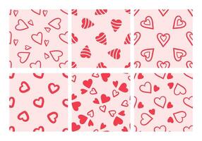 Selection of seamless patterns with red hearts on pink background in doodle style vector