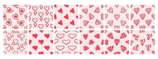 Set of seamless patterns with red hearts on pink background in doodle style vector