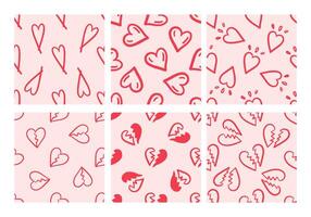 Set of seamless patterns with broken and whole hearts on pink background in doodle style vector