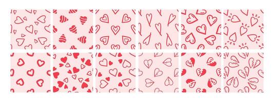 Set of seamless patterns with hand-drawn red hearts on pink background in doodle style vector