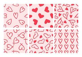 Collection of seamless patterns with red hearts on pink background in doodle style vector