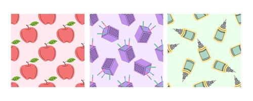 Seamless pattern with apples, pencil holders and glue bottles on pastel background vector