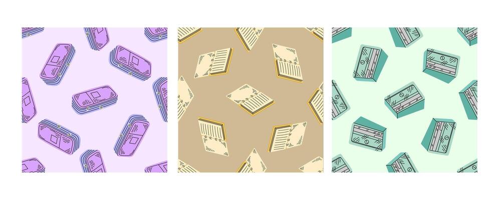 Seamless pattern with pencil cases, notebooks and sharpeners on pastel background