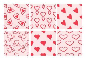 Seamless pattern collection with red hearts on pink background in doodle style vector