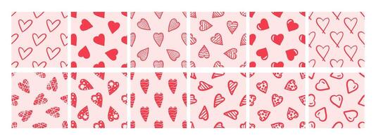 Variety of seamless patterns with red hearts on pink background in doodle style vector