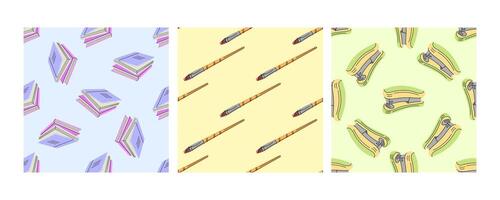 Seamless pattern with books, paintbrushes and staplers on colorful background vector