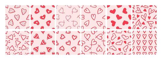 Collection of seamless patterns with red hand-drawn hearts on pink background in doodle style vector