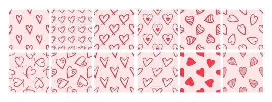 Bundle of seamless patterns with red hearts on pink background in doodle style vector