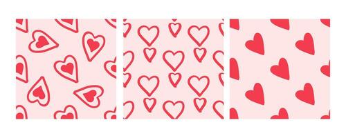 Pack of seamless patterns with red hearts on pink background in doodle style vector