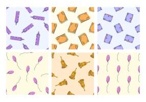 Seamless pattern set with school stationery, notebooks, bells, and balloons vector