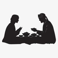 Silhouette of two people sitting at a table, sharing a meal together. One appears to be praying or suggesting themes of tradition, culture, or family vector