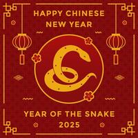 Year of the snake social media post greeting. Chinese New Year template background with golden snake and traditional hanging lantern on red vector
