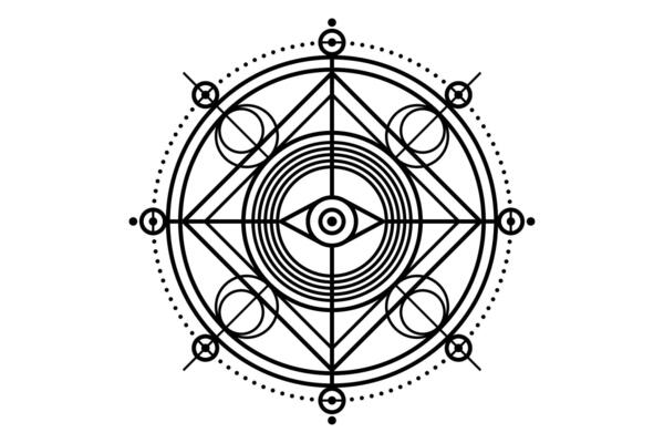 All seeing eye on Sacred Geometry, mystical third eye geometric logo design. Occult Emblem of Providence, protection, luck, magic. God eye masonic sign isolated on white background