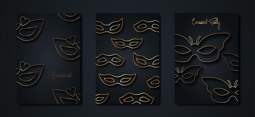 Carnival Party gold and black posters set, flyer or invitation design. Festive Golden cards. illustration. Elegant luxury tickets with pattern and emblem. Place for your text message. Banners