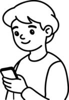 A boy use a phone line art illustration vector