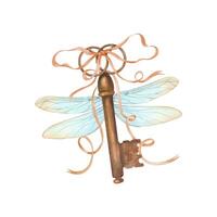 Fantasy vintage key with delicate dragonfly wings and tied with satin bow watercolor illustration. Fairy key with metal shabby texture in retro style. For poster, card design vector