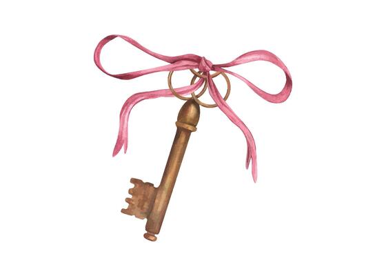 Watercolor satin bow and pink ribbon on vintage bronze key illustration. Romantic element with shabby rusty texture hand drawn element for Valentine day, wedding card design