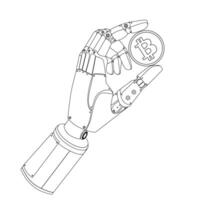 Bitcoin cryptocurrency and Artificial Intelligence concept.Robot hand holding Bitcoin Line art emblem, logo, print, icon.Decentralized computer networks. AI technology concept. illustration vector
