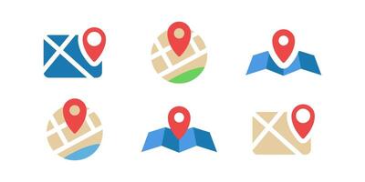 City map icon with map pin set. Marked location. Street locator pictogram navigation vector