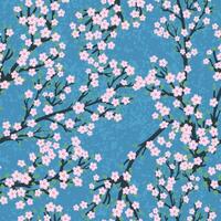 Seamless Pattern with Colorful Illustration of Cherry Blossom on Blue Background vector