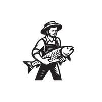 black and white image of a man with a fish vector