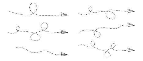 Set of paper plane icons with route dashed lines. Travel, journey or business trip concept. Message symbols. Delivery, destination or freedom signs isolated on white background. illustration vector
