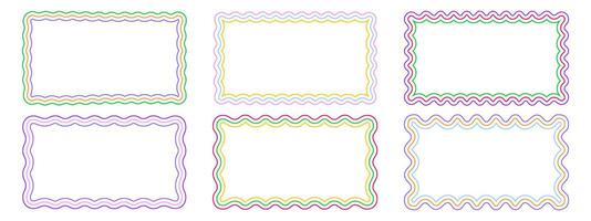 Set of colorful rectangle frames with wiggly edges. Rectangular shapes with wavy borders. Mirror, picture or photo vignettes, empty text boxes, tags or labels design elements. illustration vector