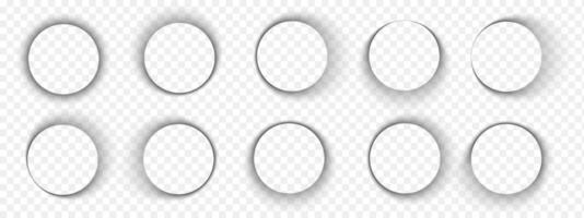 Set of round shadows. Circle soft overlay effect. Rounded shapes with dark gradient borders. Empty circular shades on floor or paper. realistic illustration vector