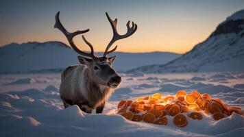 A reindeer stands near a glowing pile of oranges in a snowy landscape at sunset. photo