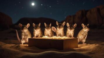 Six mice gathered around a glowing box in a desert under a starry night sky. photo