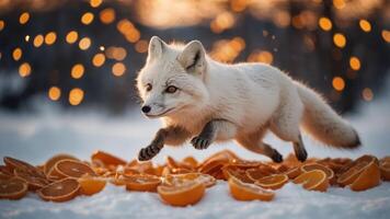 A playful fox leaps over orange slices in a snowy landscape, illuminated by soft bokeh lights. photo