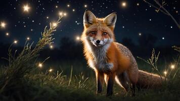 A fox stands in a starry night scene, surrounded by glowing lights in a grassy field. photo