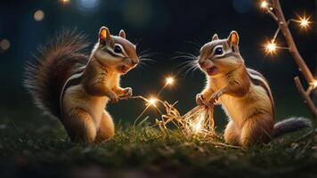 Two chipmunks playfully interact with twinkling lights in a nighttime setting. photo
