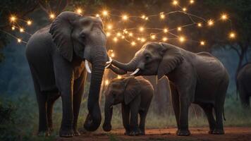 A serene scene of elephants surrounded by glowing lights in a natural setting. photo