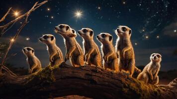 A group of meerkats standing on a log under a starry sky, showcasing their alertness. photo