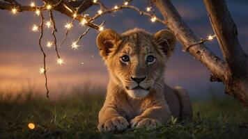 A young lion cub resting under a tree adorned with fairy lights at sunset. photo
